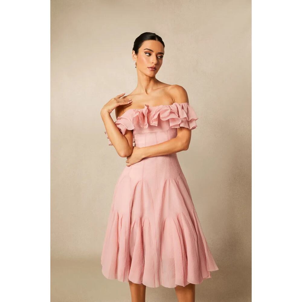 Sunfere Vita Off Shoulder Ruffle Trim Midi Fit & Flare Dress Pink Women's Small